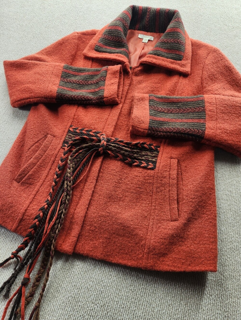 Vintage Carson Women's Medium 100% Wool Southwestern Belted Jacket Rust Orange